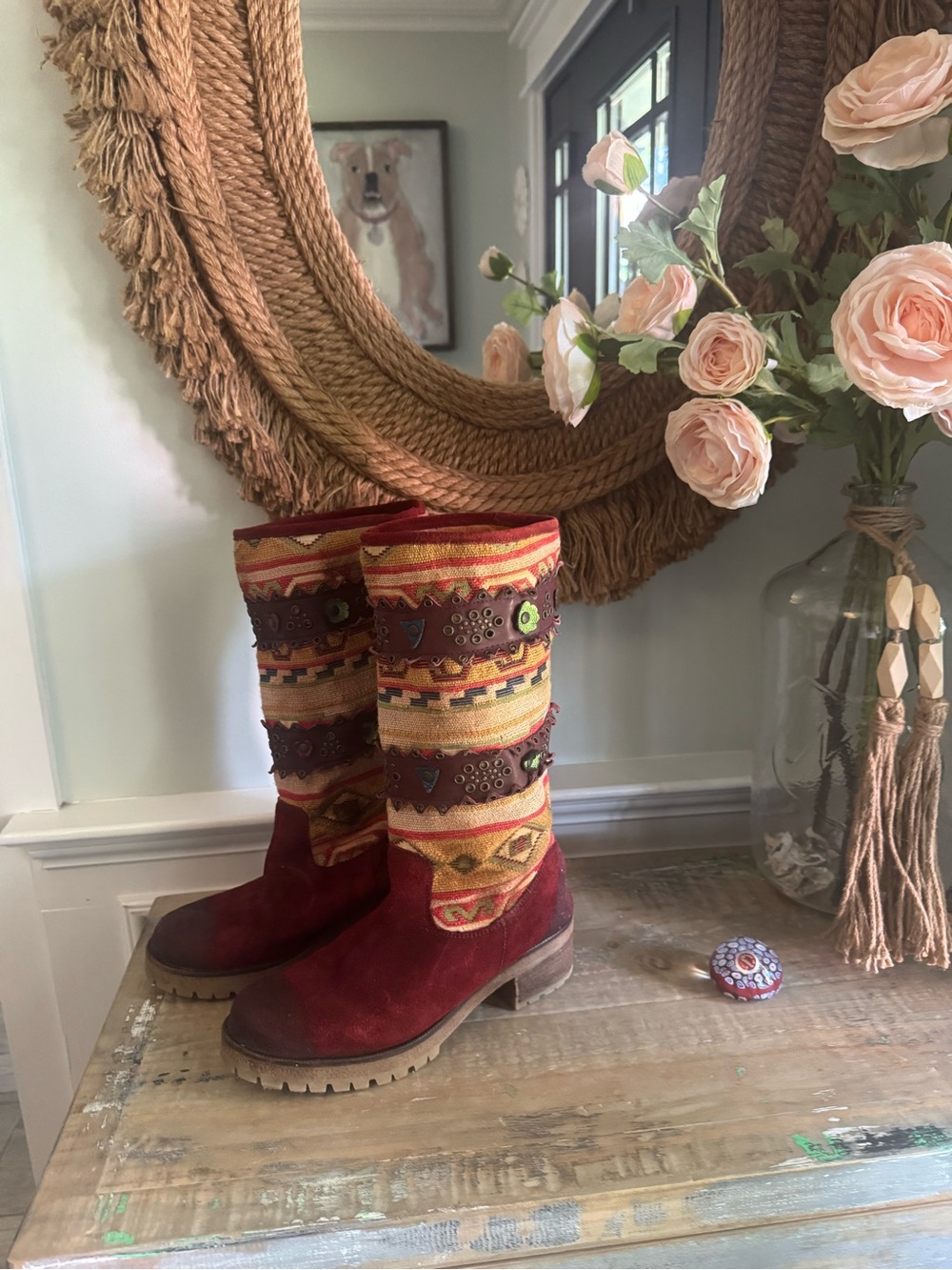 Ras Bogo Red Suede Embroidered Folk-Pattern Mid-Calf Moto Boots